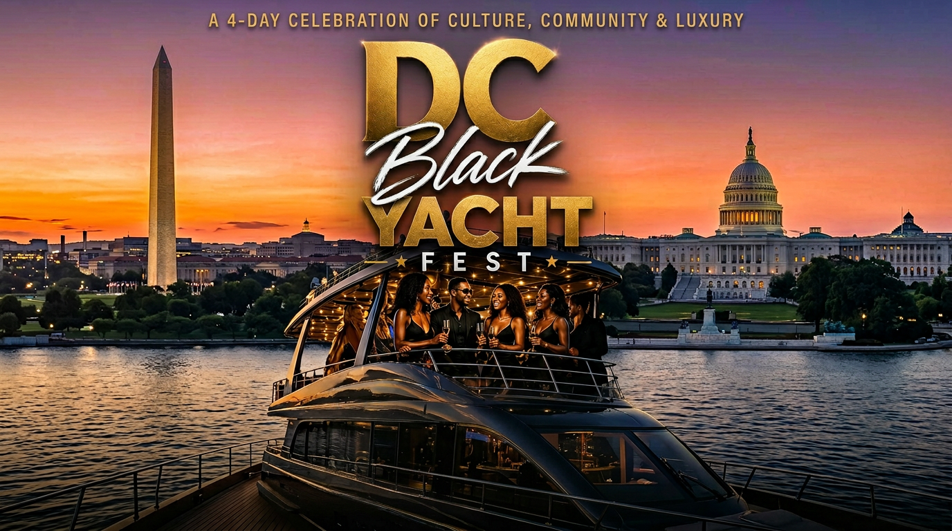 DC Black Yacht Fest — yacht on the Potomac with the Washington Monument and U.S. Capitol at sunset